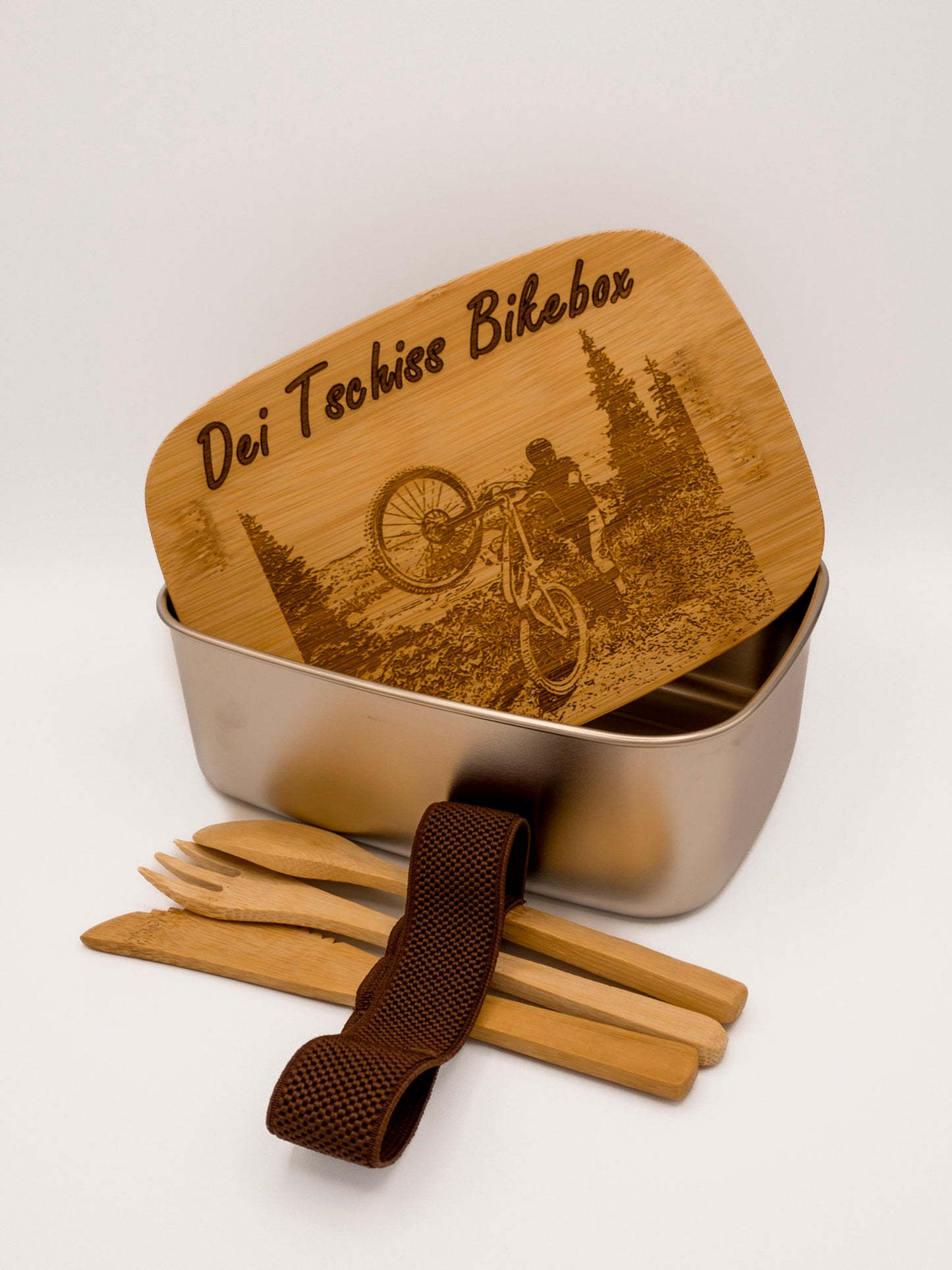 große Jausenbox, 1200ml, mit Besteck, Edelstahl + Bambus